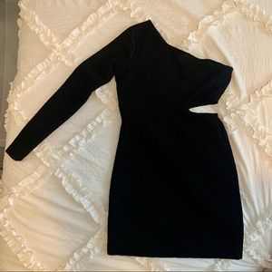 BCBG black one shoulder with cutout mini dress